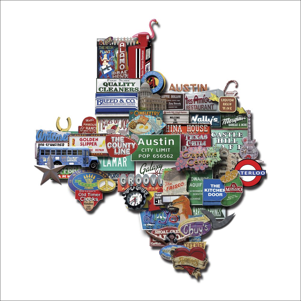 Austin Texas Shaped Photomontage Collage Art Print