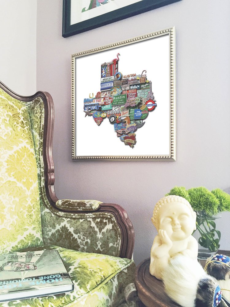 Austin Texas Shaped Photomontage Collage Art Print