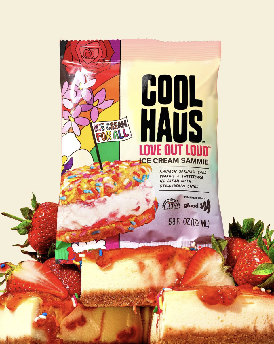 Colorful Coolhaus “Love Out Loud” ice cream sandwich packaging with rainbow sprinkle design, cheesecake ice cream illustration, and strawberries in the foreground.