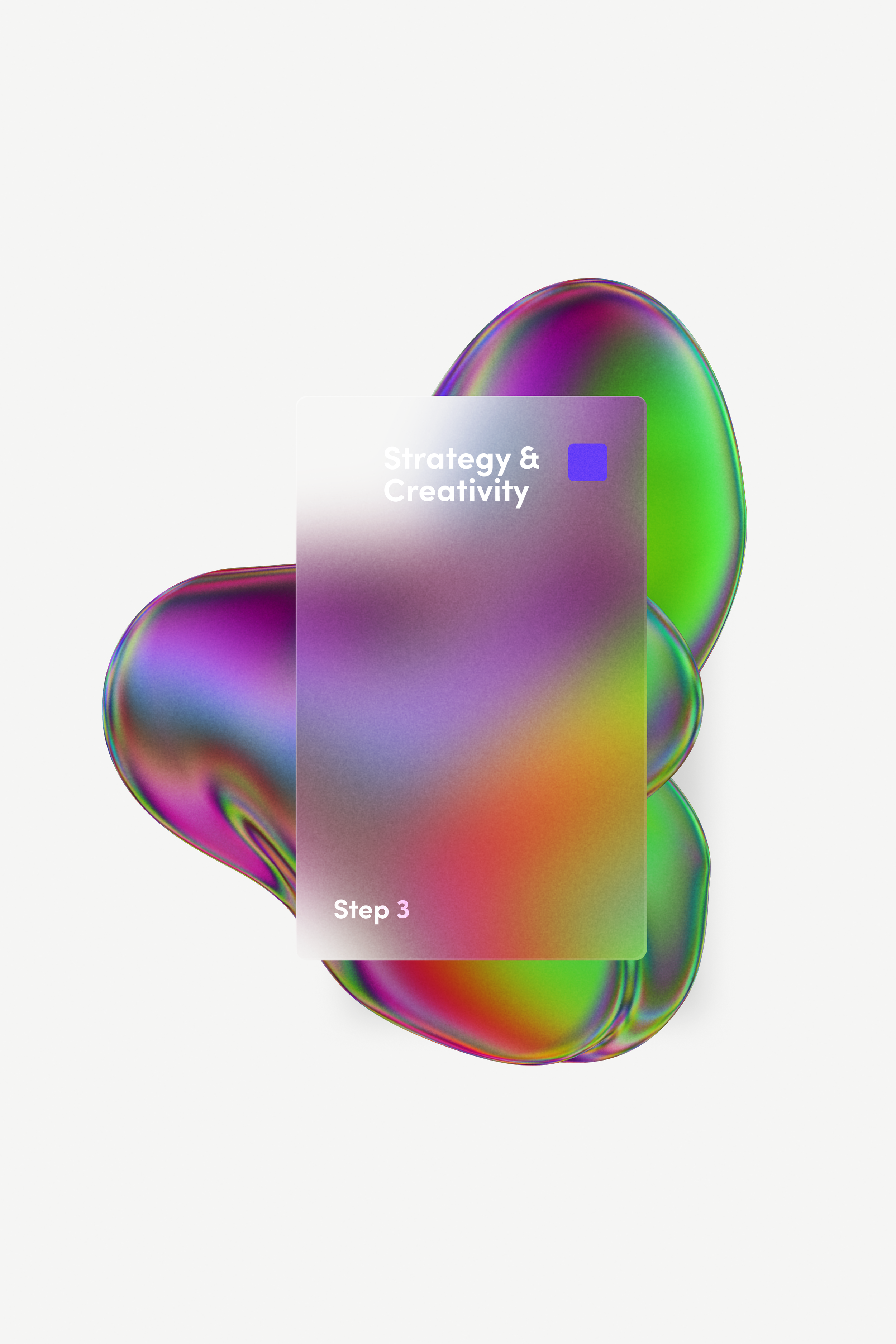 A digital graphic showing a purple and green gradient slide titled 'Strategy, Creativity & Investigation' with a small purple square in the top right. At the bottom, it says 'Step 3: Investigate' on a black background with pastel-colored abstract shapes behind the slide.