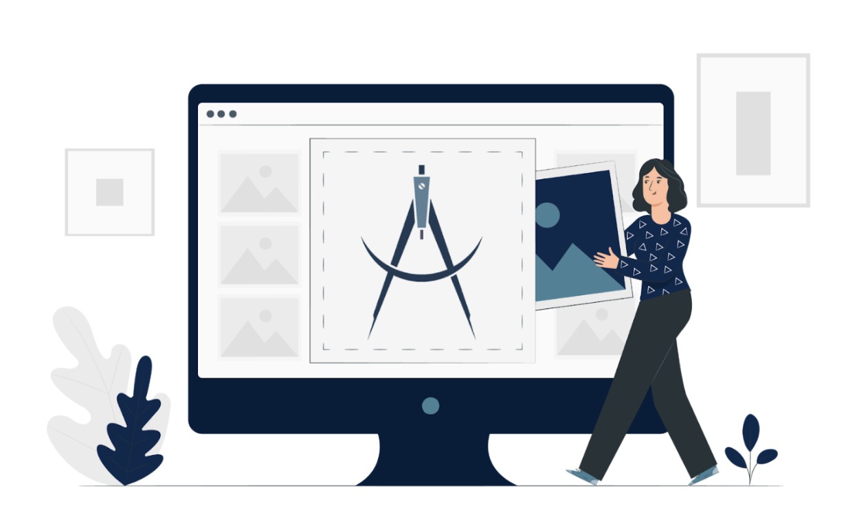 Illustration of a designer placing an image on a large computer screen with compass logo