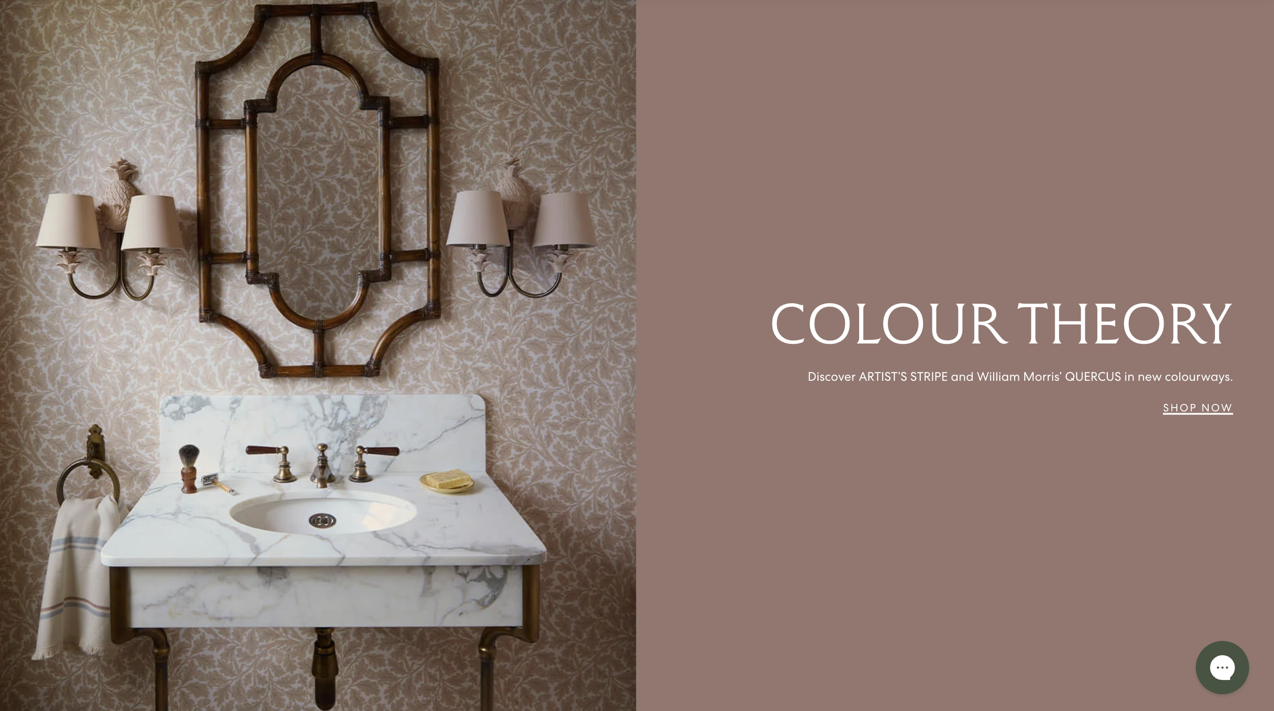 Elegant bathroom with marble sink, ornate mirror, and floral wallpaper next to text that reads "Colour Theory" promoting interior design colourways.
