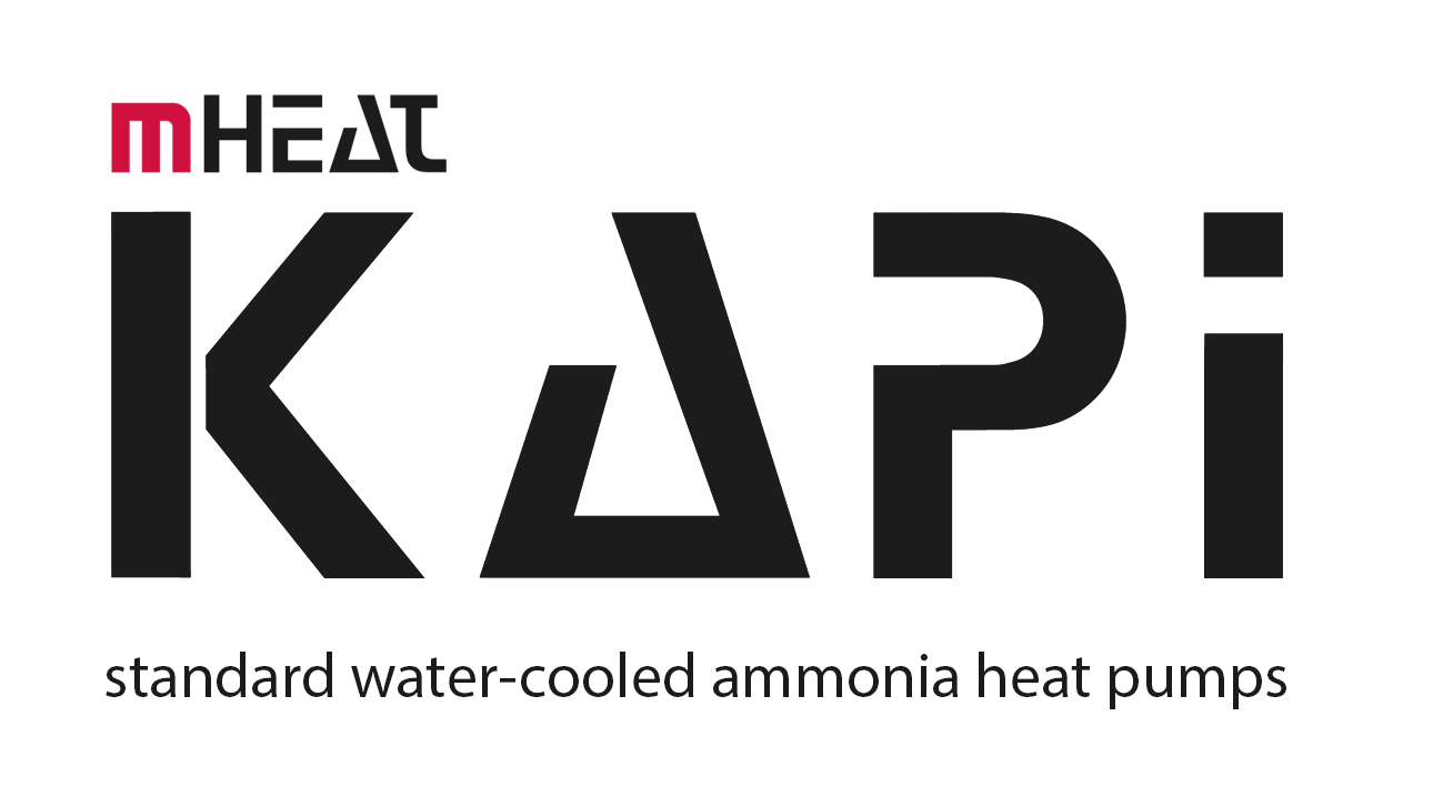 Logo for 'Heat Kapi' with text 'standard water-cooled ammonia heat pumps' underneath.