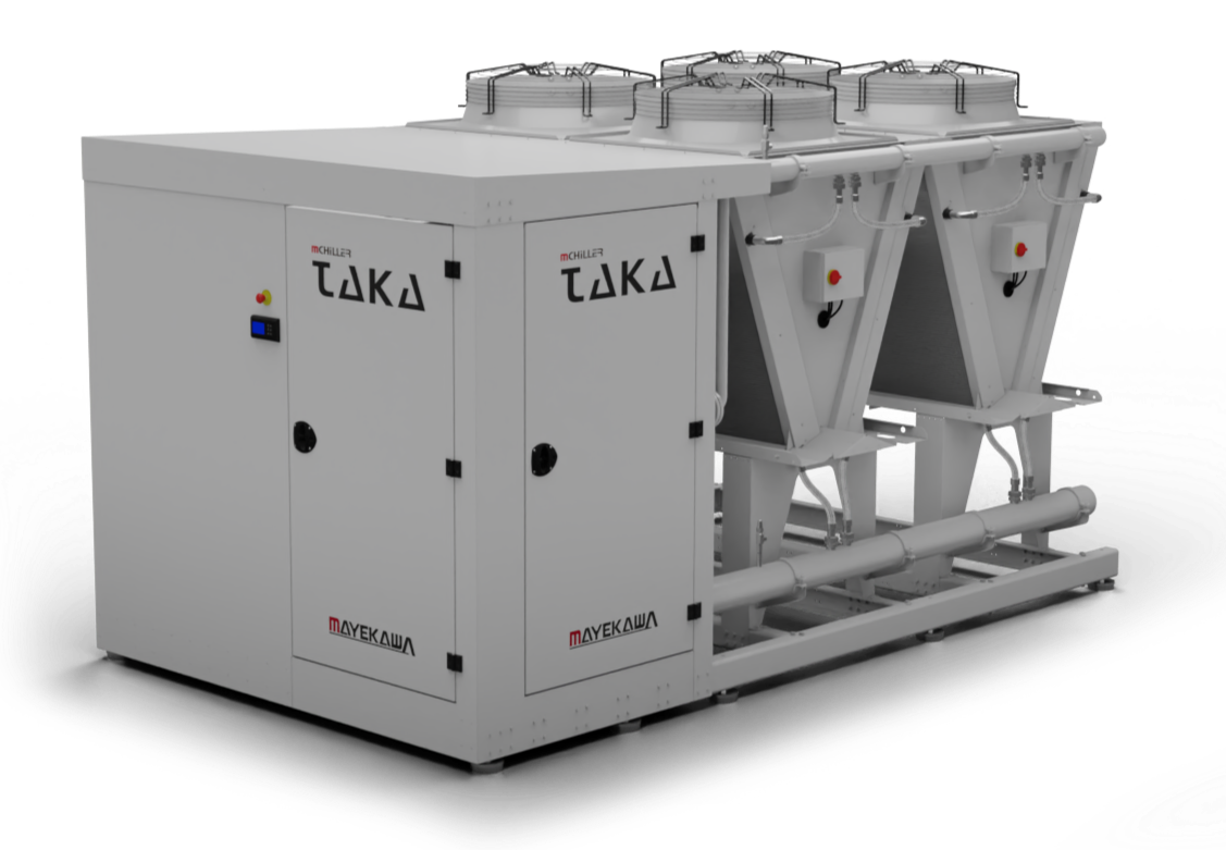 Industrial water cooling equipment with multiple tanks and hoses in a white metal cabinet labeled Takyo and Mayekawa.