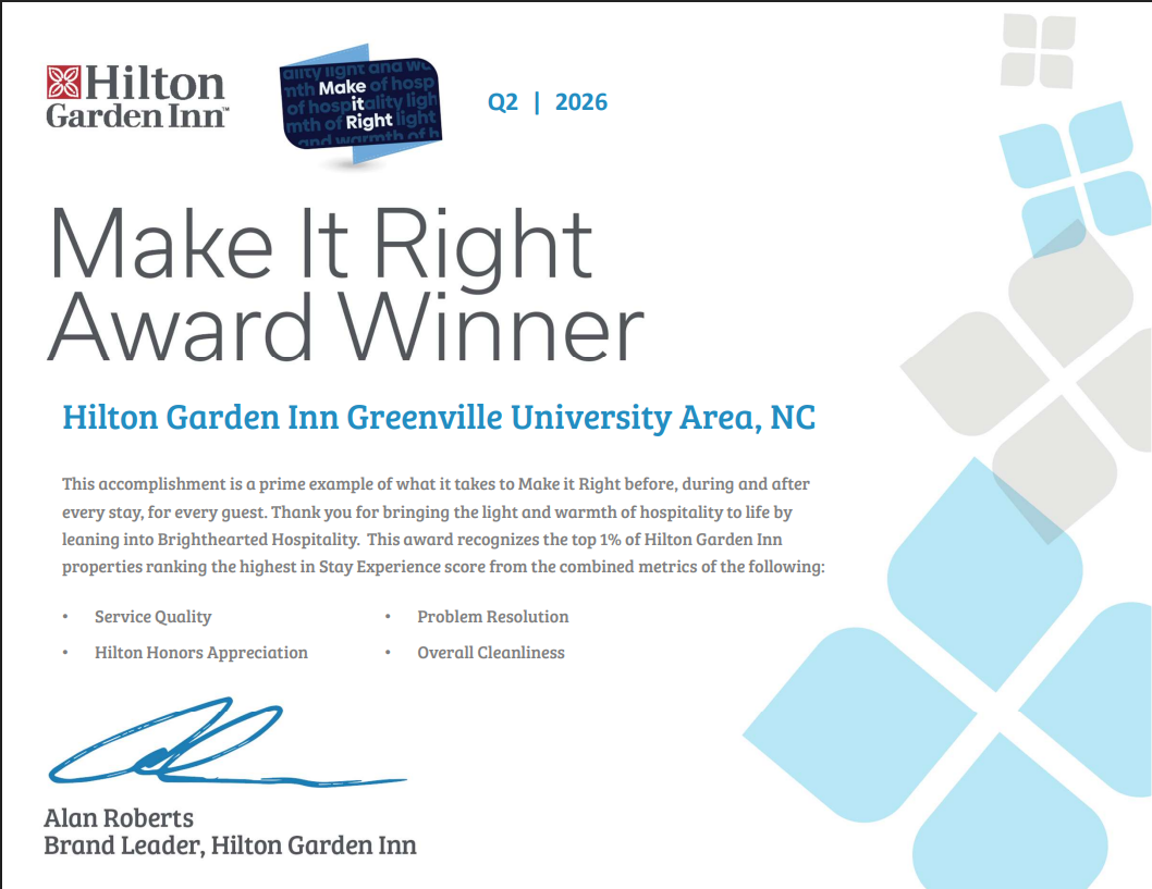 Setting the Standard in Hospitality: Hilton Garden Inn Greenville University Area Wins Hilton’s "Make It Right" Award
