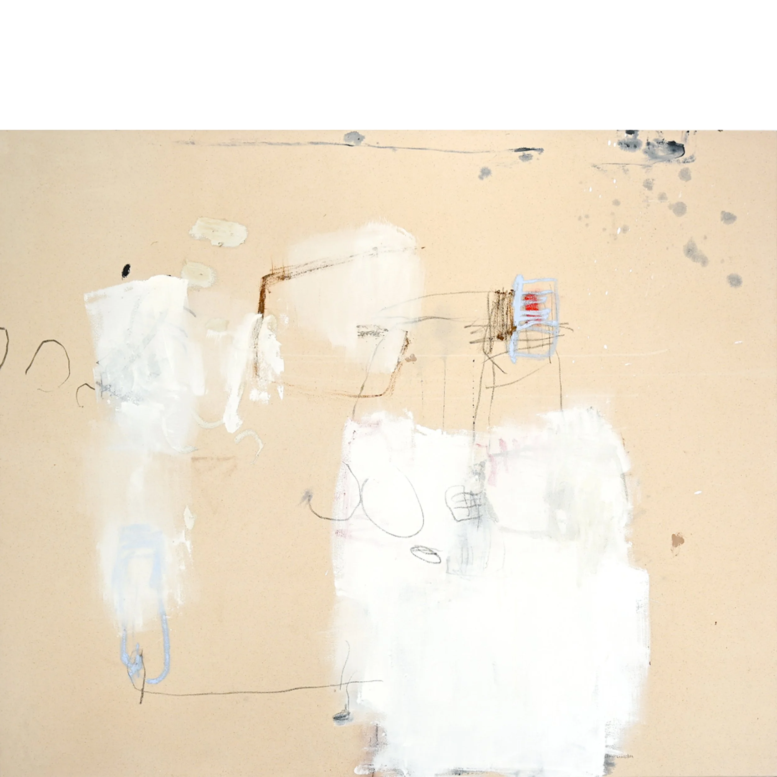 She in the dark, found light, original abstract oil and mixed media painting by Chris Brandell featuring layered warm neutral tones, expressive gestures, and textured surfaces.
