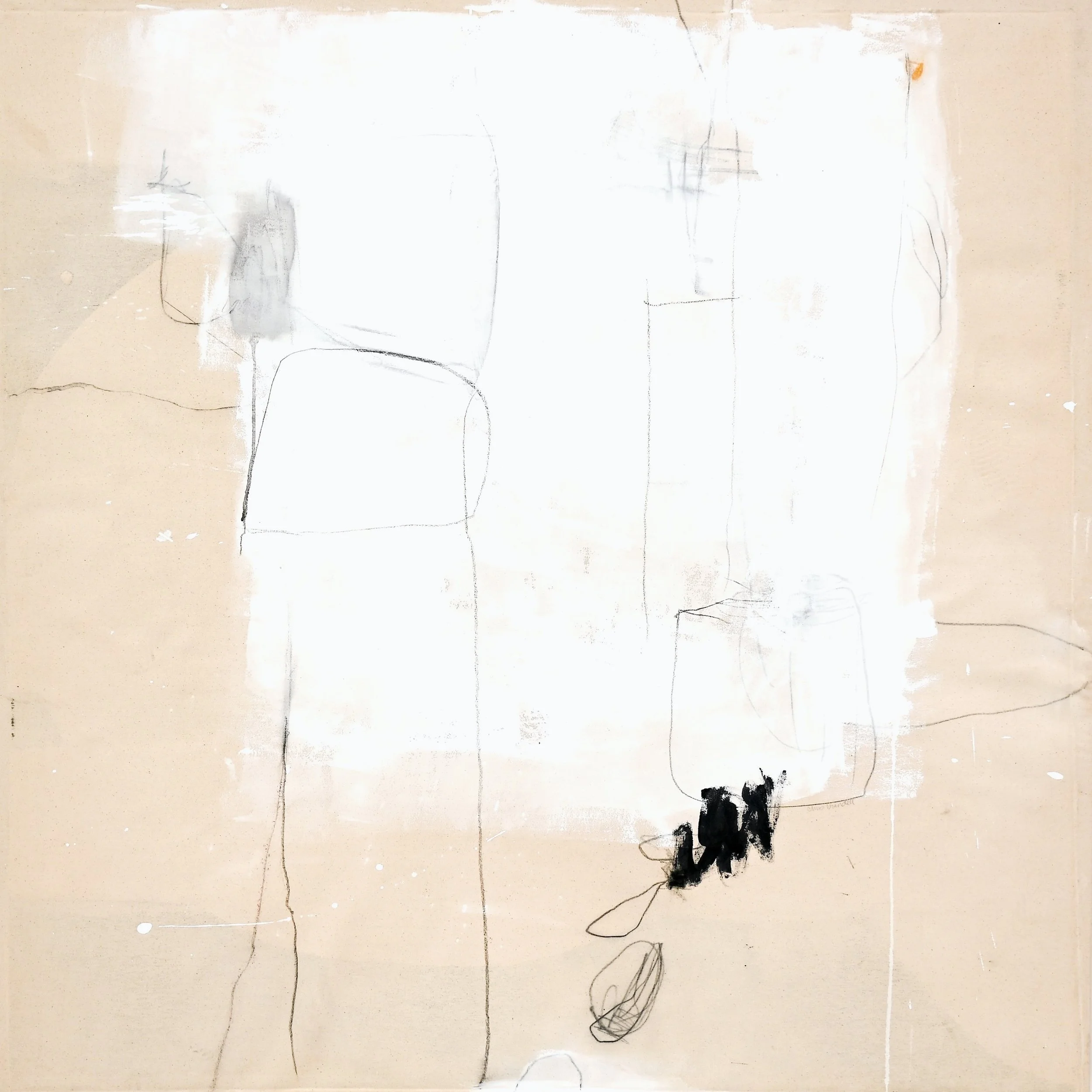 and we have seen the moonlight, original abstract oil and mixed media painting by Chris Brandell featuring layered warm neutral tones, expressive gestures, and textured surfaces.