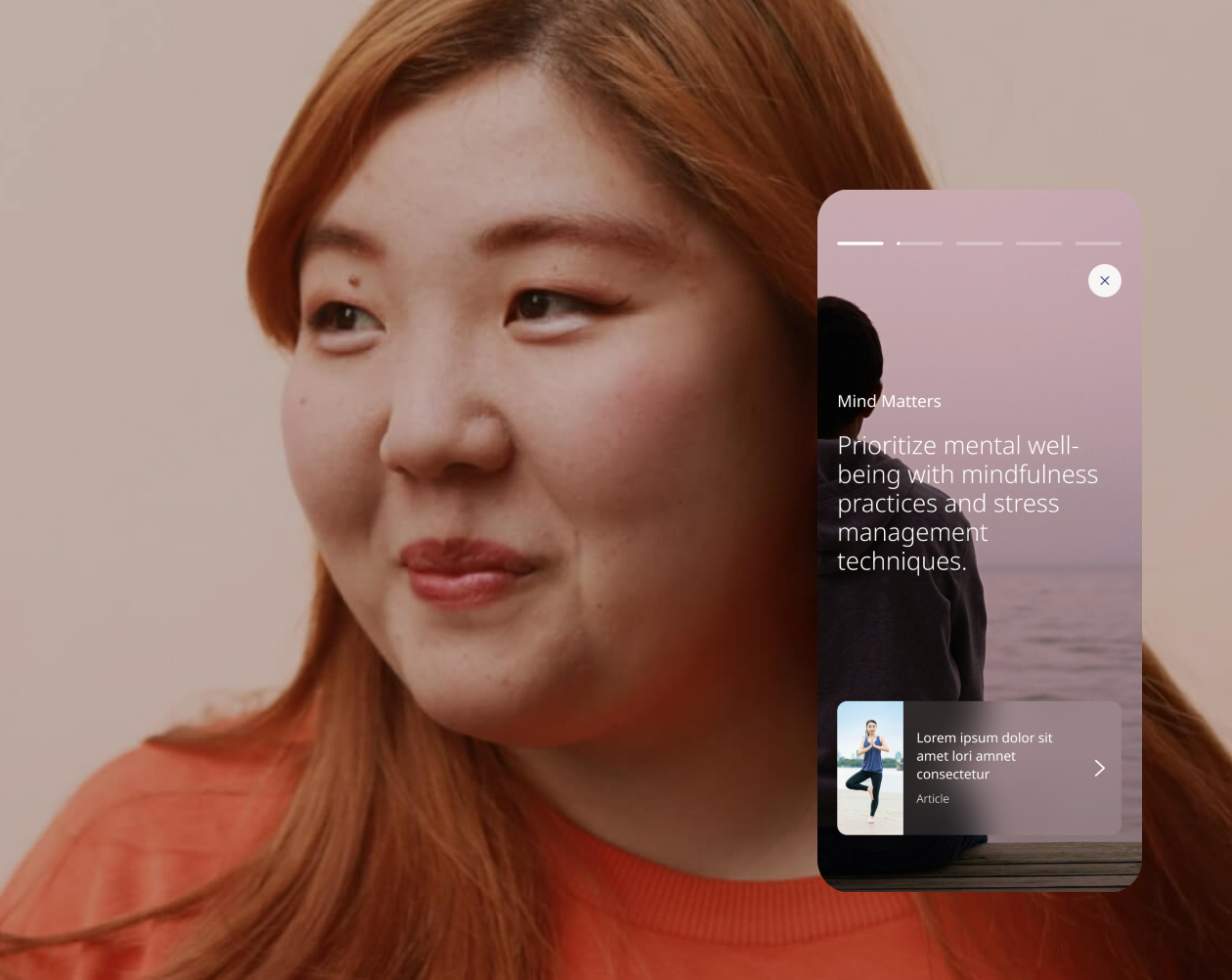 Close-up of a woman with red hair looking to the side, with an overlay of a mobile app screen displaying mental health tips and an article about mindfulness.