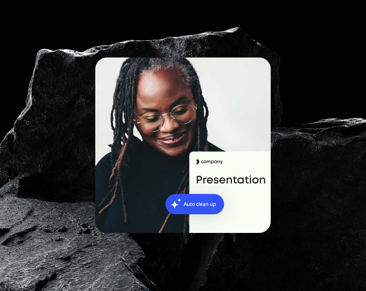A presentation slide with a woman with dreadlocks and glasses smiling, set against a dark rocky background. The slide has a label 'company', the word 'Presentation', and a blue button labeled 'Auto clean up'.