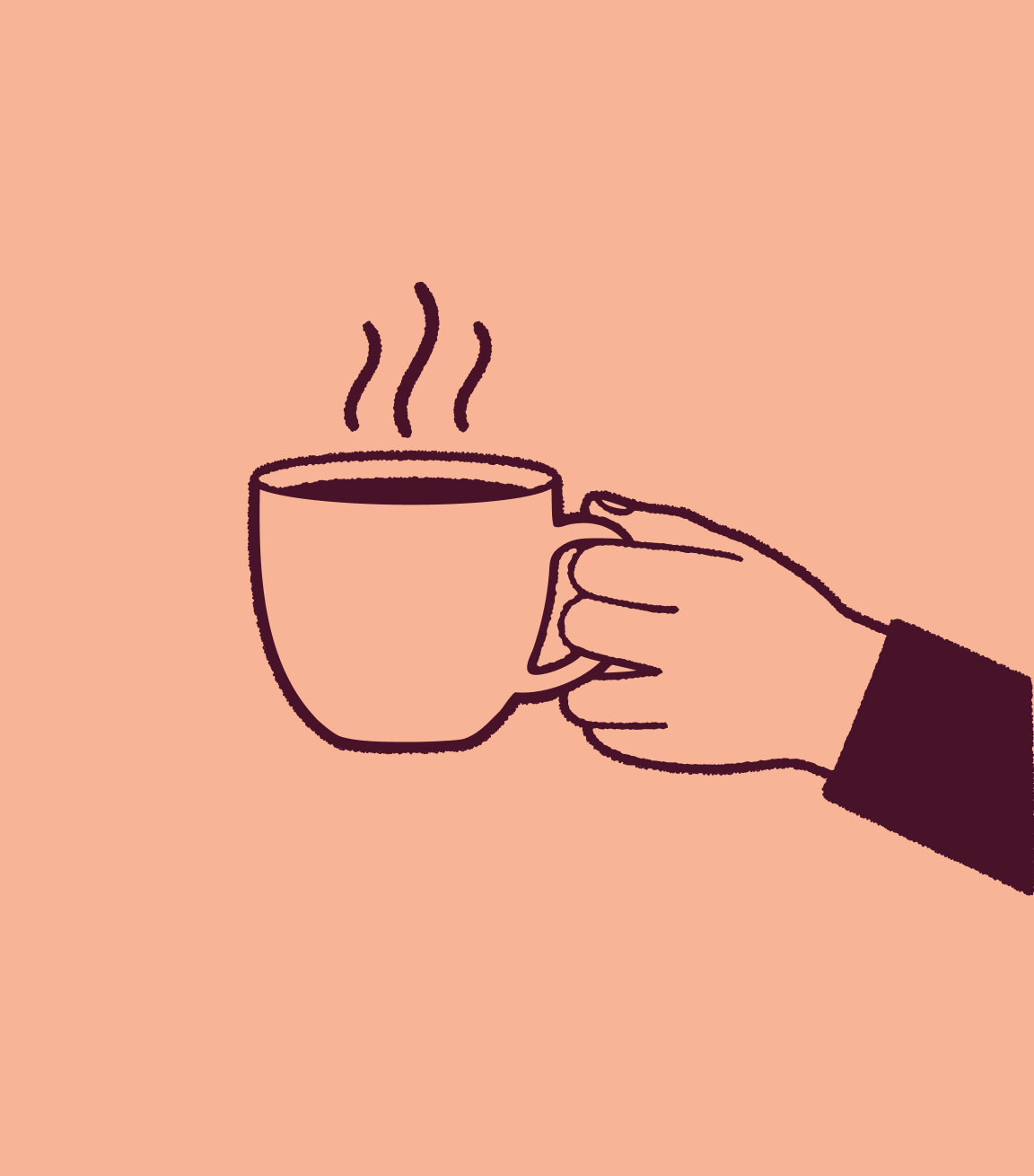 Line drawing of a hand holding a steaming coffee mug against a light pink background.