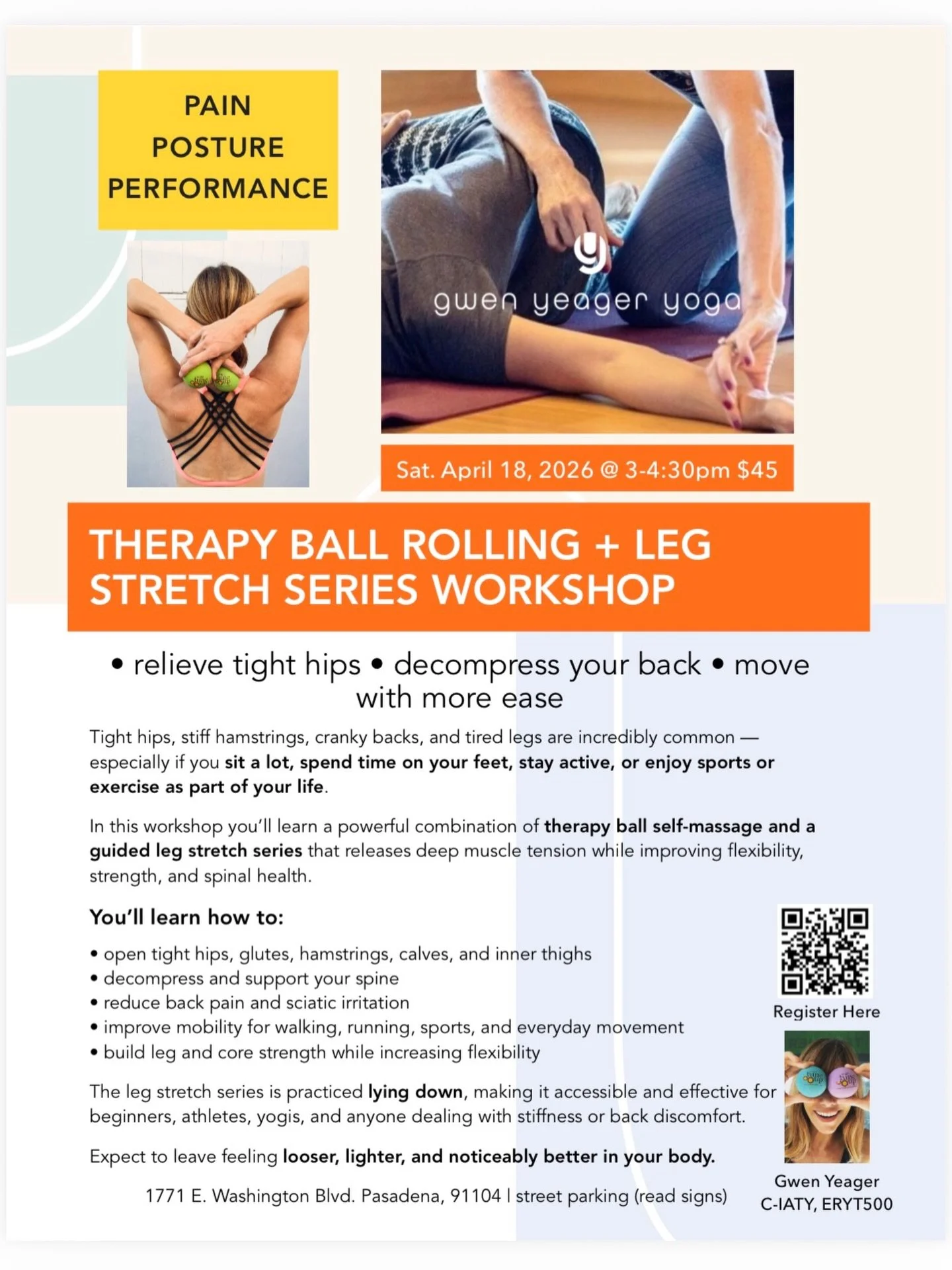 Treat yourself to relaxing, restorative &ldquo;me time&rdquo; this Saturday in Pasadena. Move better, breathe deeper, and reconnect to a body that feels supported, steady, and at ease. You&rsquo;ll leave standing taller, grounded through your core an