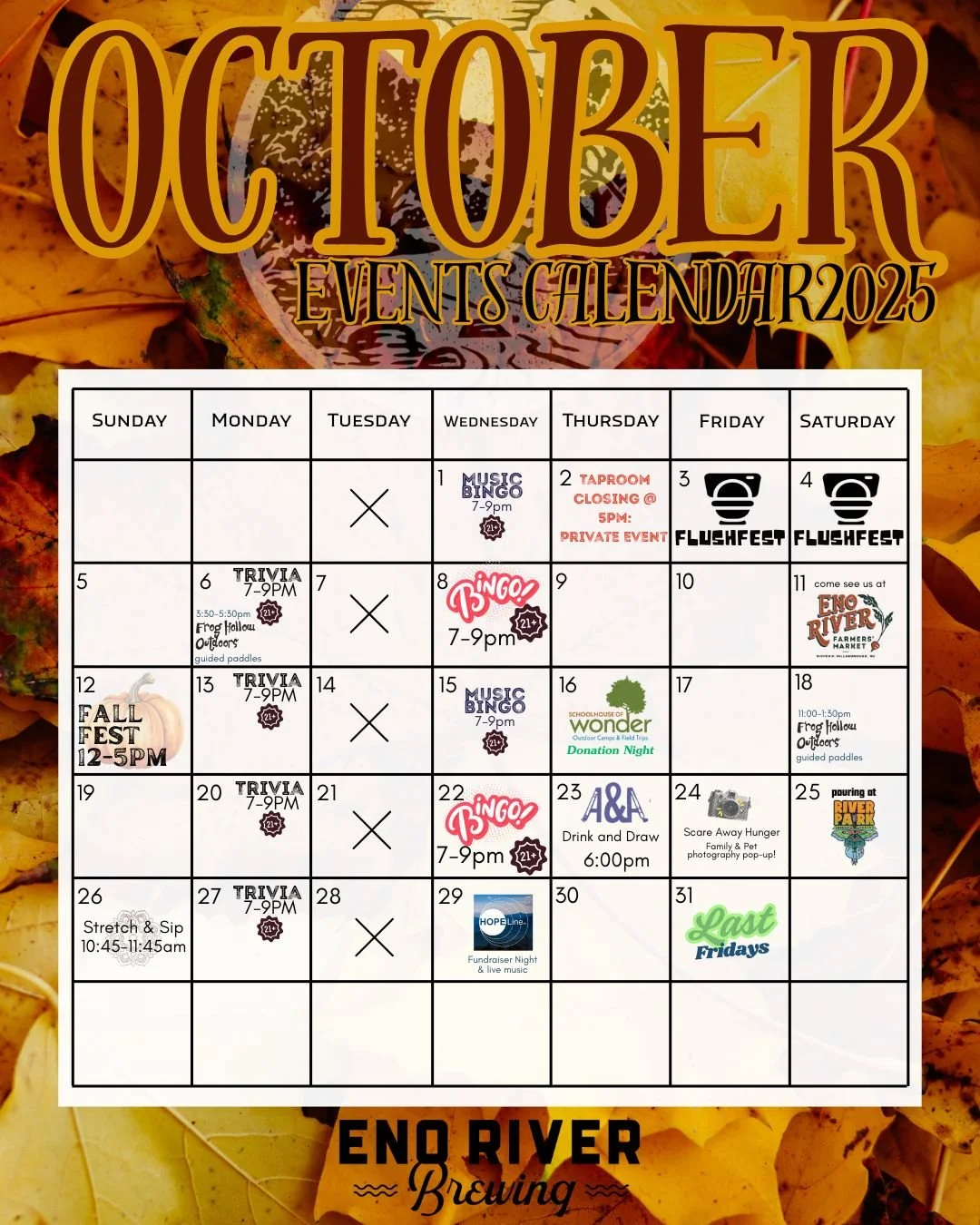 Happy October folks! What a great month we have to look forward to at Eno River Brewing&hellip; starting off with FLUSH FEST THIS WEEKEND; y&rsquo;all are not going to want to miss this one! Each week, be sure to check out our Trivia and Music Bingo 