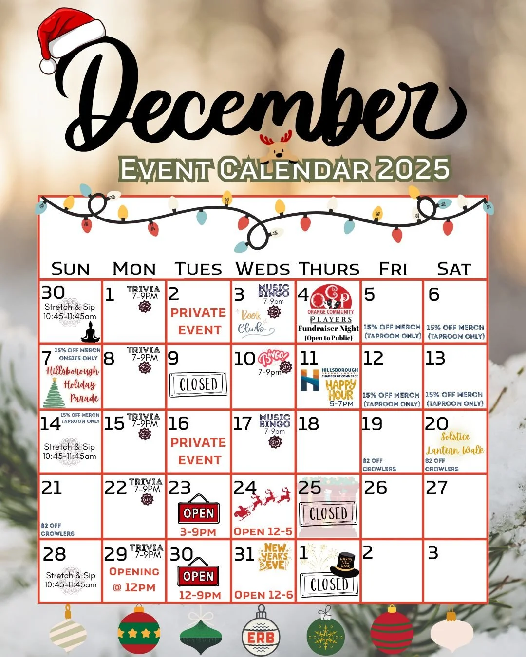 IT&rsquo;S TIIIIIIME‼️⛄ Holiday season is here &amp; we are so ready to get festive and cozy with you all at #ERB, especially under our heaters on the Patio. We will be running a couple merch sales during the first weekends in December so be sure to 