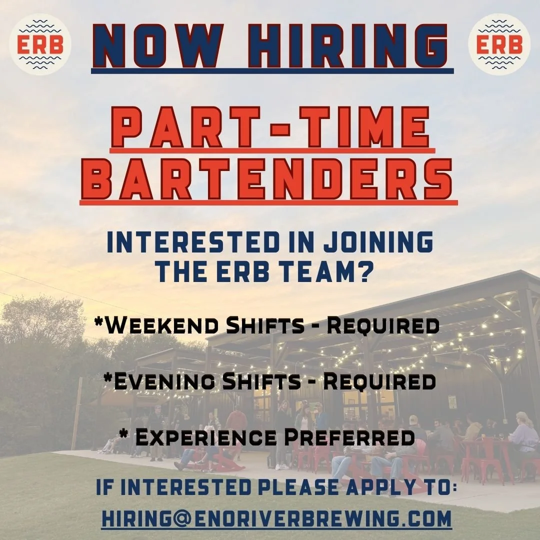 ERB is excited to announce that our team is looking for part-time bartenders! 

We are seeking fun, team oriented, and customer service focused individuals who would like to join our wonderful team here in West Hillsborough. 

Part-time bartenders (2