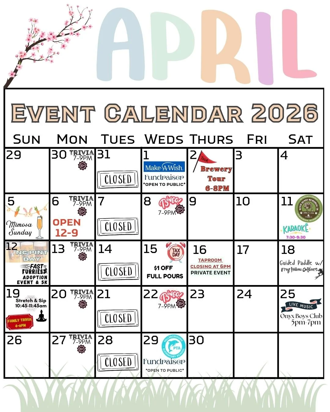 Well, it sure looks like spring has SPRUNG and our April Calendar is packed full with events, drink specials, music, &amp; fundraisers! We want to especially highlight Sunday, April 12th as that is the beloved NC Pint Day, hosted by @ncbrewersguild..