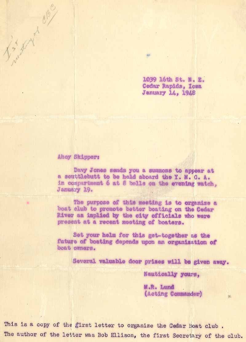 Letter regarding meeting to organize the Boat Club, 1948