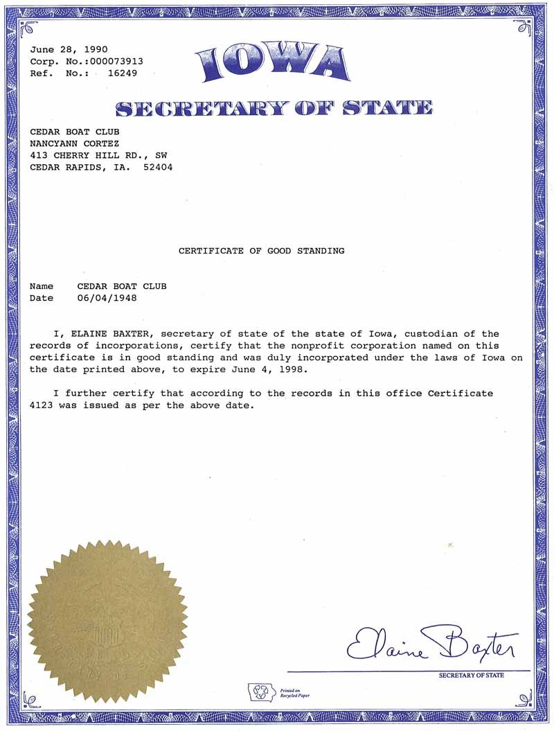 Certificate of Incorporation in the State of Iowa
