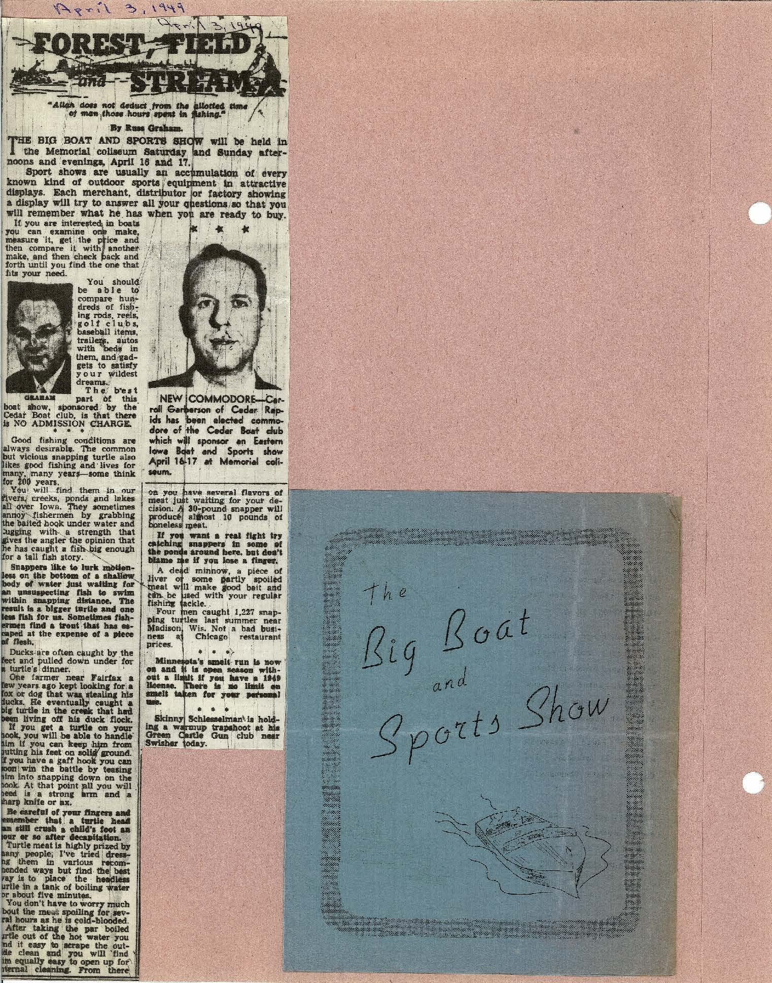 Gazette article April 3, 1948 about boat and sport show and announcing Carrol Garberson as new Commodore,