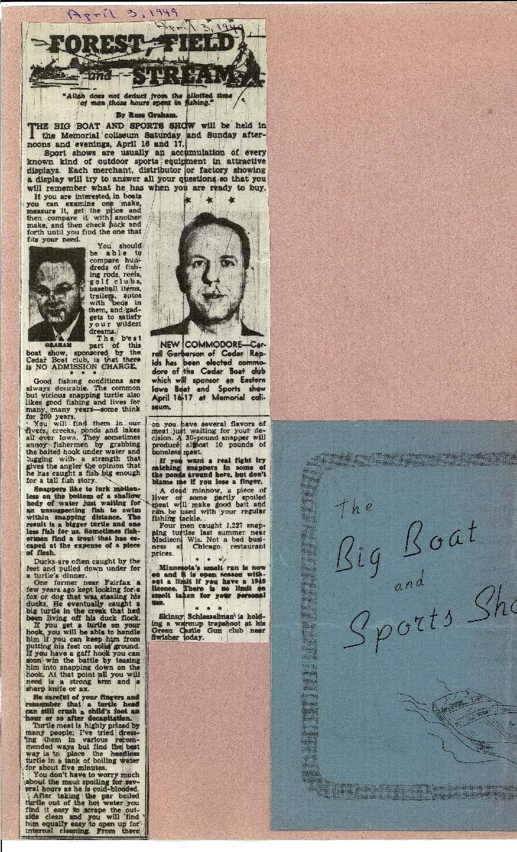 Gazette article April 3, 1948 about boat and sport show and announcing Carrol Gilbertson as new Commodore,