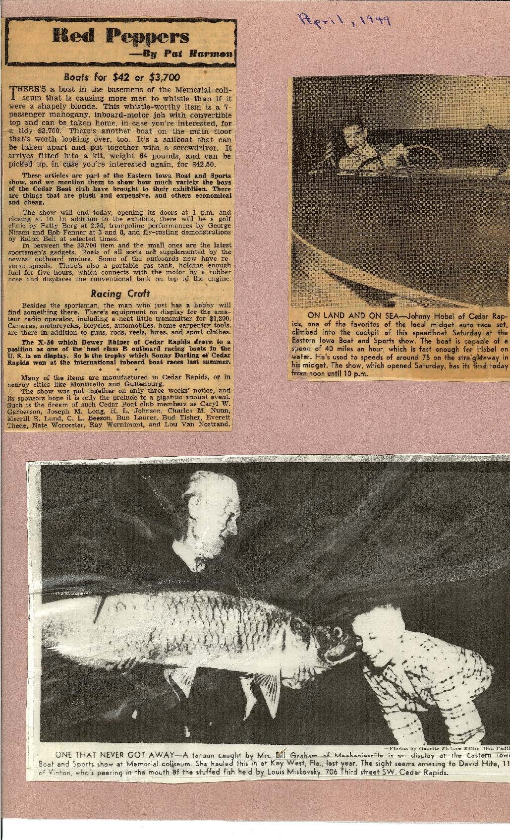 Gazette articles and pictures April 1949 regarding boat show