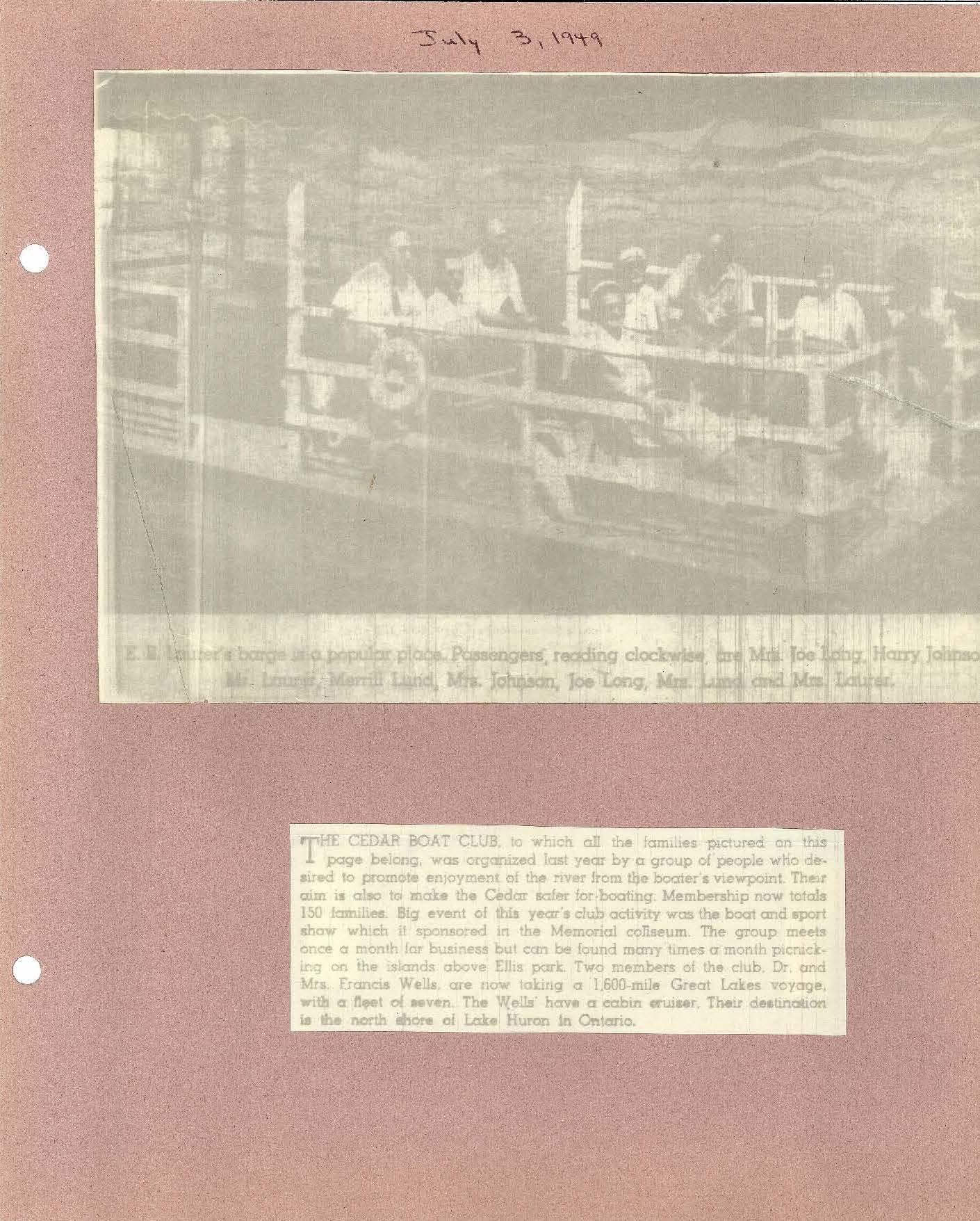 Newspaper photo and article July 3, 1949 showing people in boat and announcing 1,600 mile great lakes boat voyage