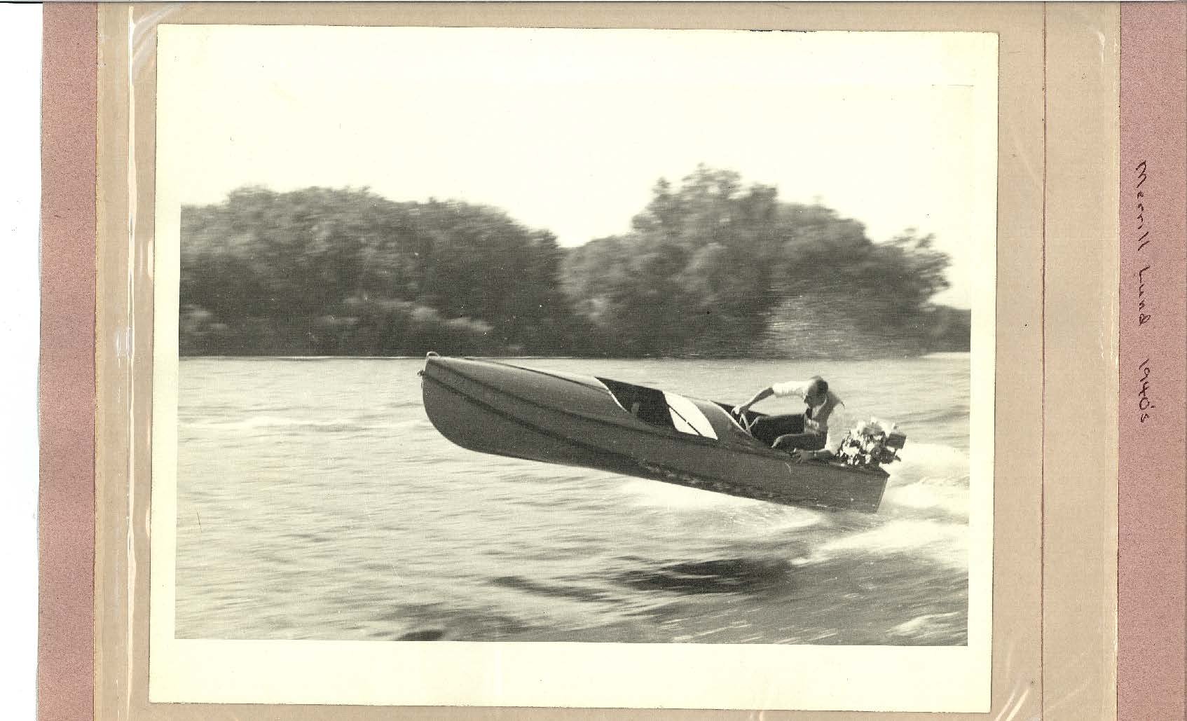 Photo "Merrill Lund 1940's" shows small race boat