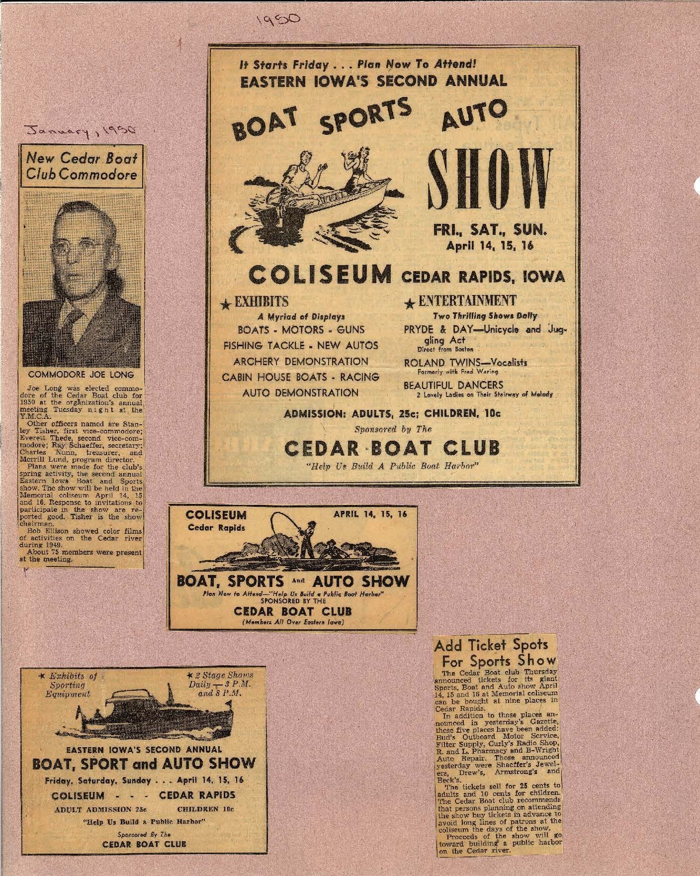Gazette article January 1950 announcing Joe Long as Commodore and several advertisements