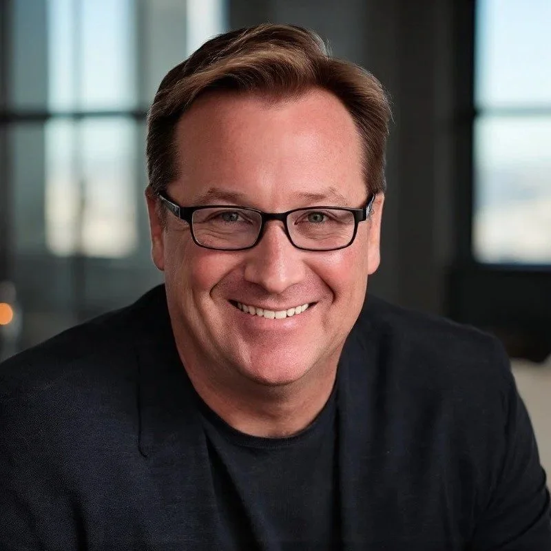 Headshot of a smiling man with brown hair, glasses, wearing a black blazer and black shirt, in an office environment with large windows in the background.