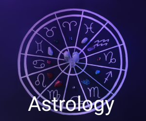 A purple illuminated zodiac wheel displaying various astrological symbols with the word 'Astrology' at the bottom.