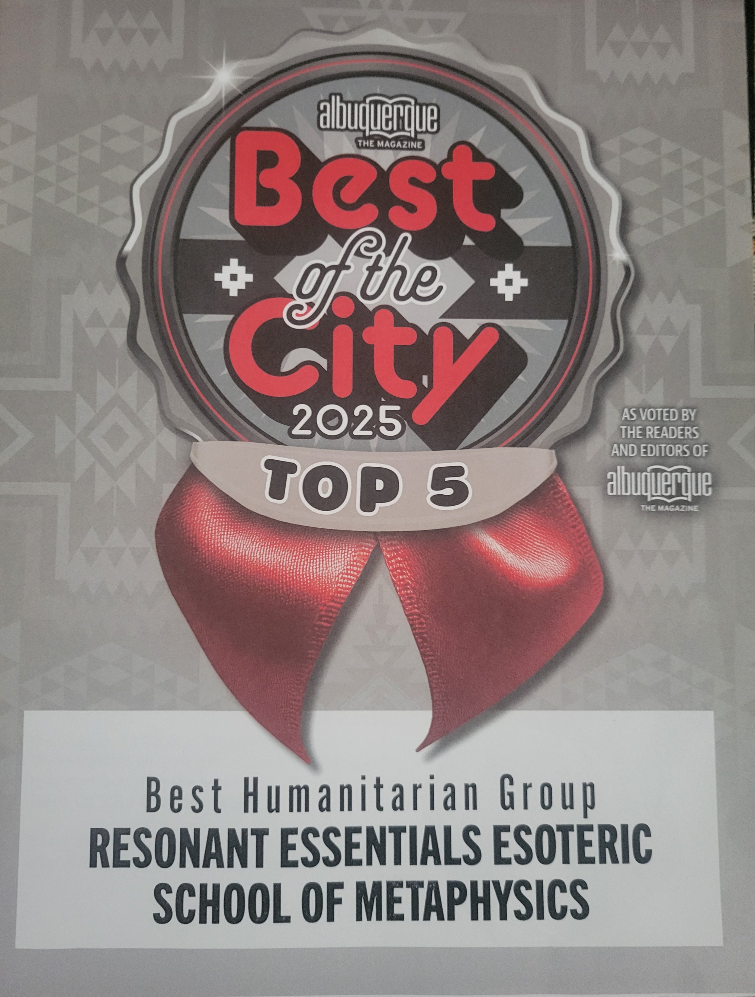 A promotional poster announcing Albuquerque's top 5 best humanitarian groups for 2025, featuring Resonant Essentials Esoteric School of Metaphysics, with a background pattern and a red ribbon with a medal design.