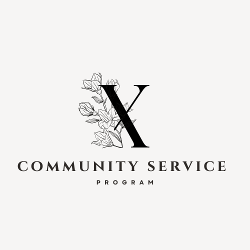 Logo for X Community Service Program with a large 'X', floral design, and text.