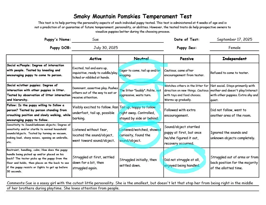 Sue 7 week temperament test