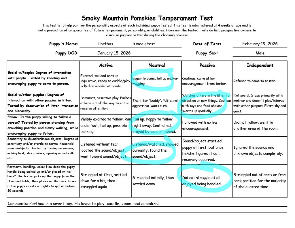Porthos 5 week Temperament Test