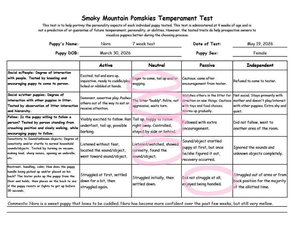 Nora 7 week temperament test