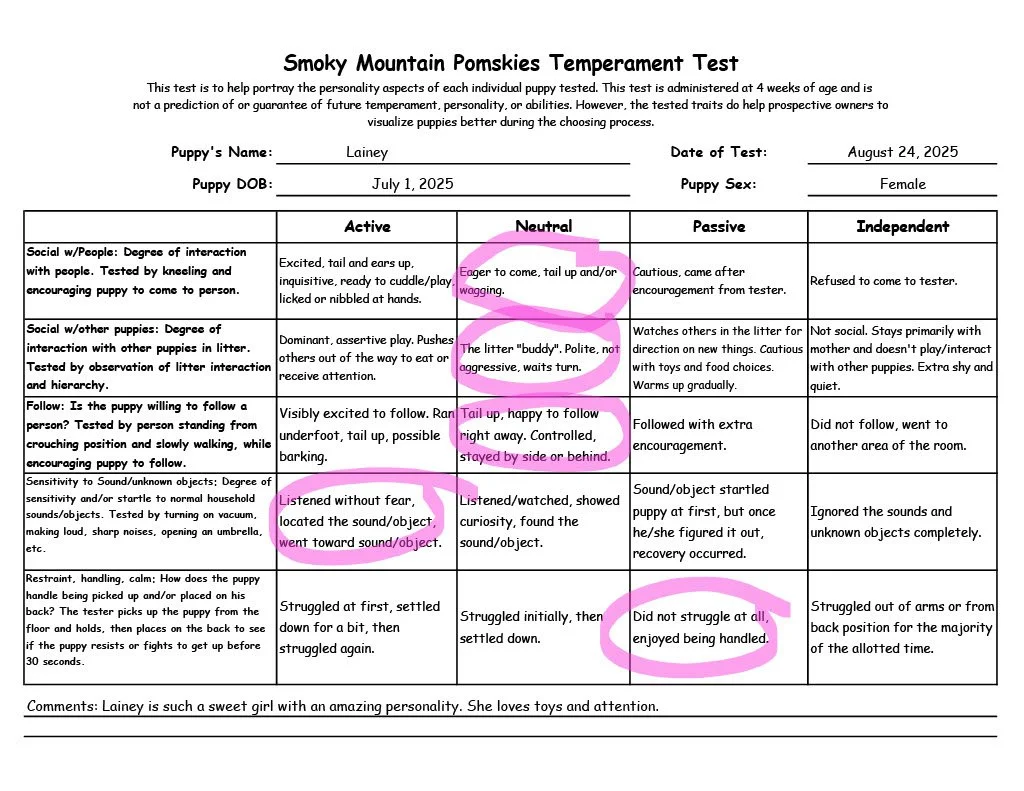 Lainey 7 week temperament test