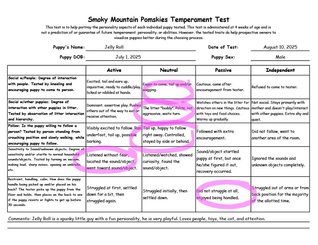 Jelly Roll 5 week temperament test