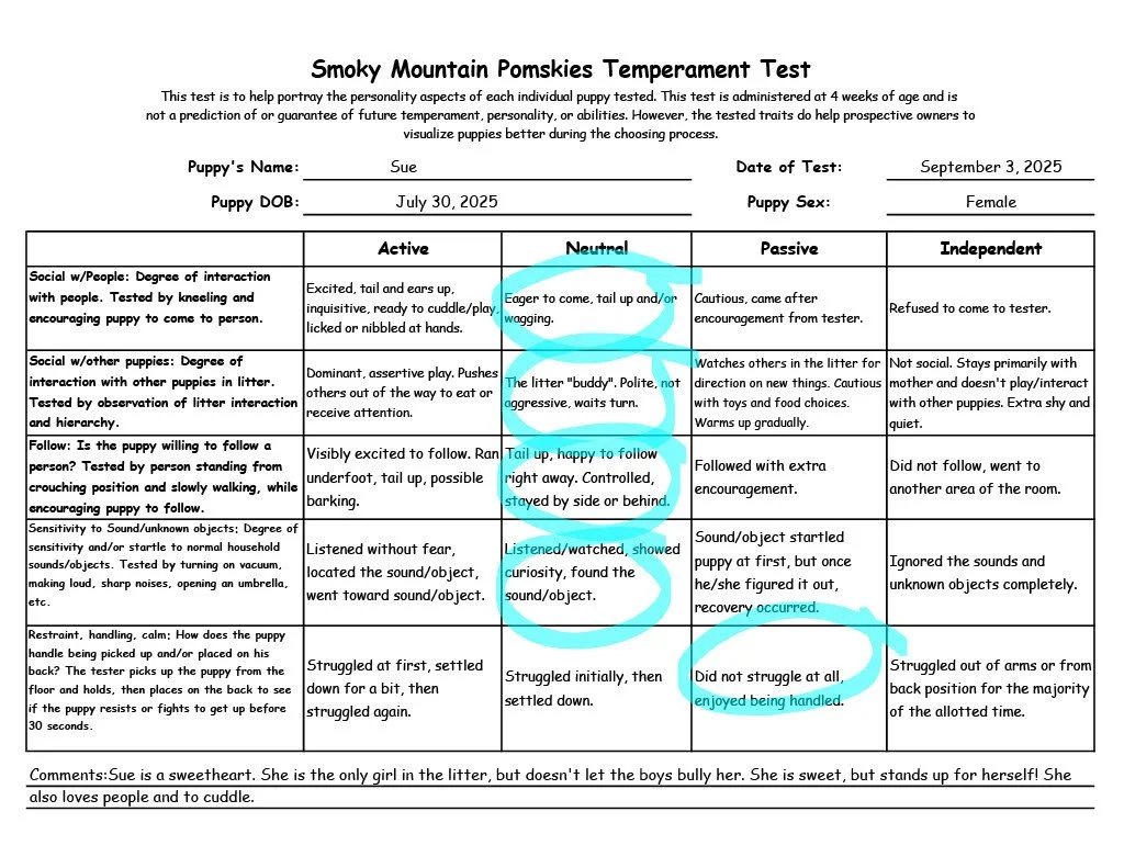 Sue 5 week temperament test