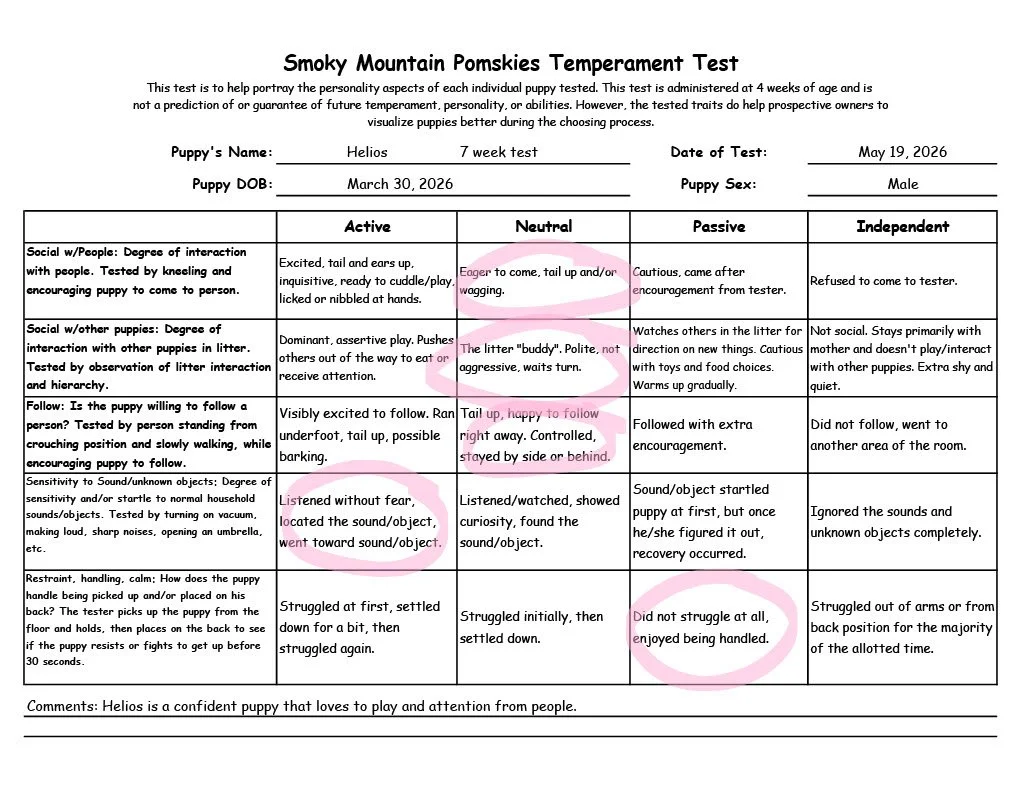 Helios 7 week temperament test