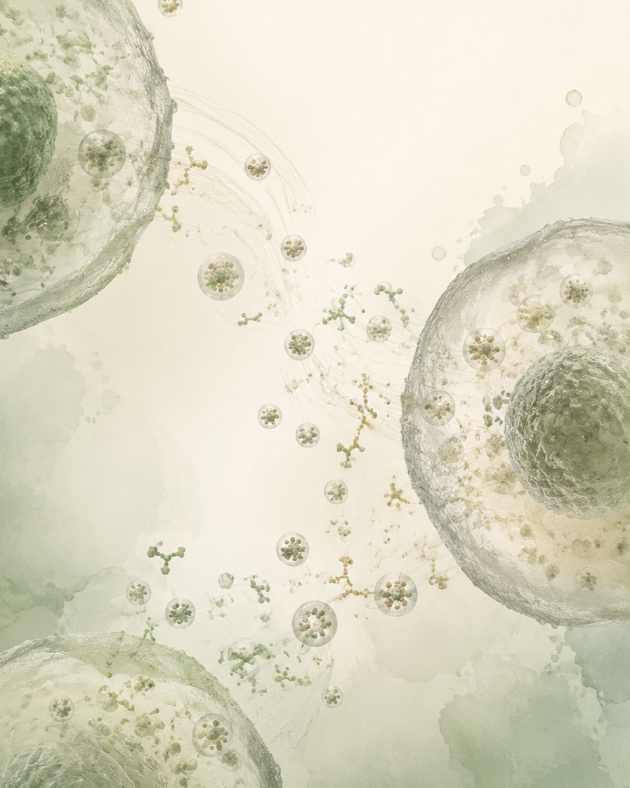 Conceptual visualization of cells exchanging biological signaling molecules.