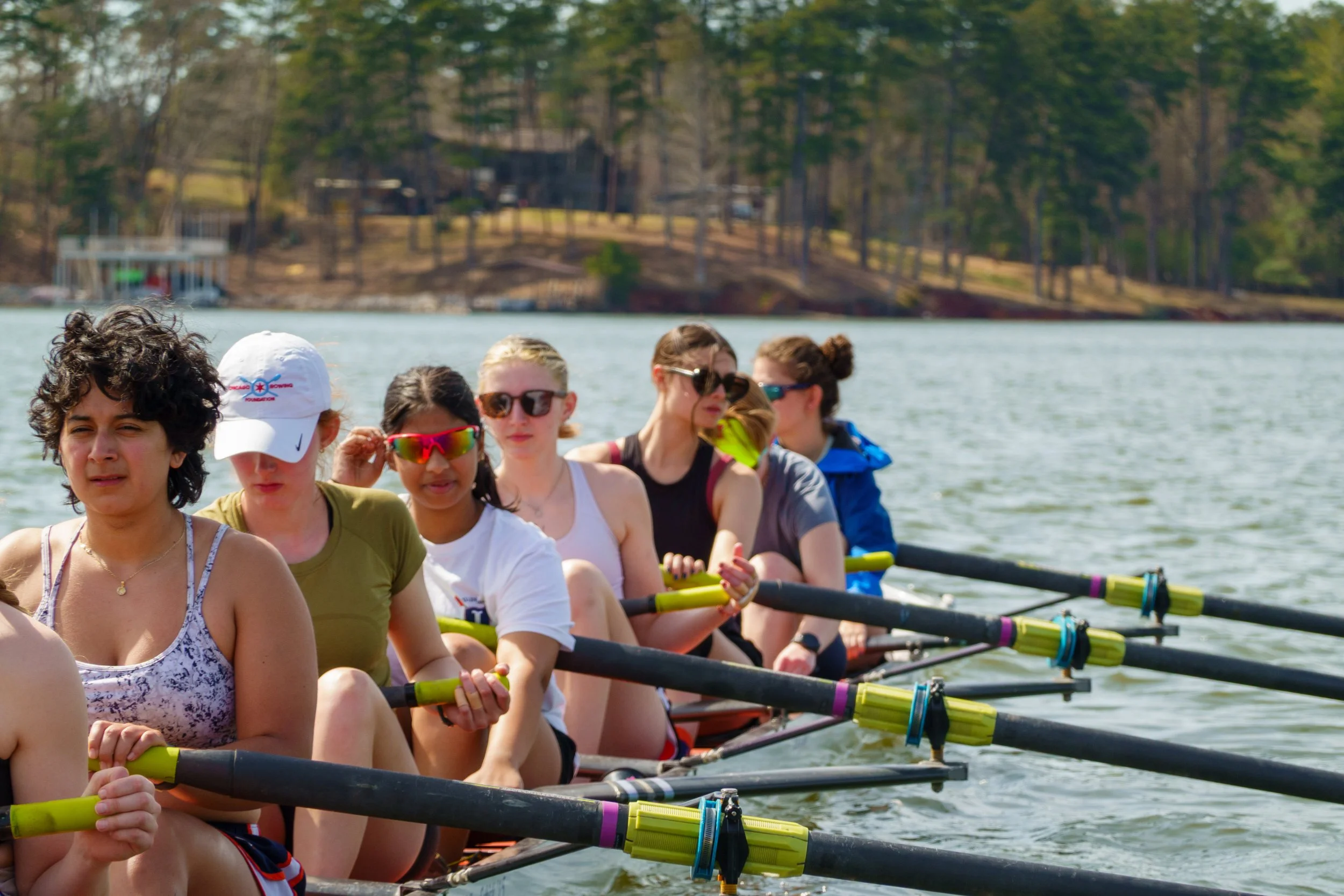   Varsity women’s eight completing a long-distance water workout.  