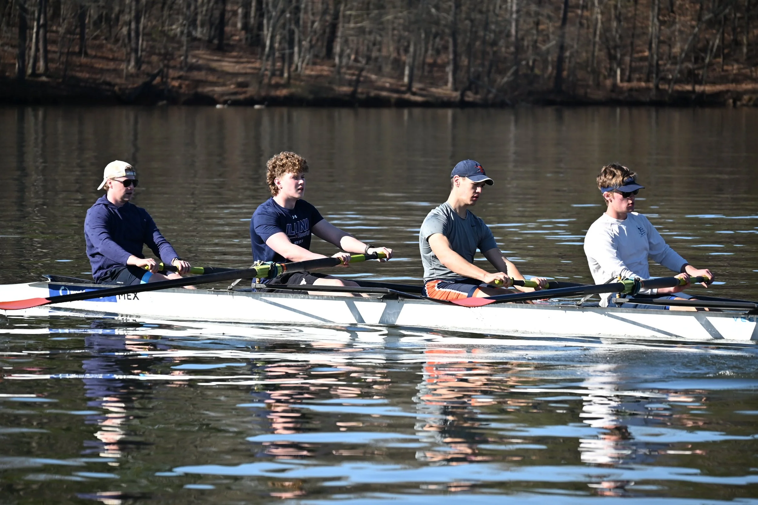   A varsity men straight four practicing in the late morning.  