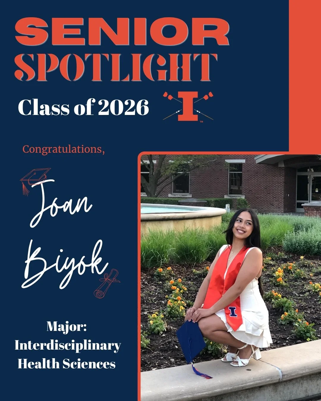 First up for a Senior Spotlight, we have 2026 spring novice, Joan Biyok! 🎓

Majoring in Interdisciplinary Health Sciences, Joan has a few different potential paths to take next year! Deciding between taking a gap year to travel and build up clinical