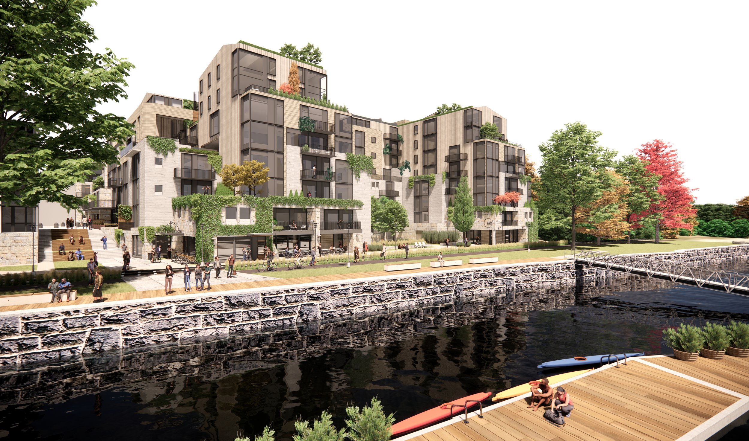 Rendering of a modern waterfront residential complex with multiple stories, surrounded by trees with autumn foliage, and a walkway along the water with people walking and sitting, as well as boats along the dock.