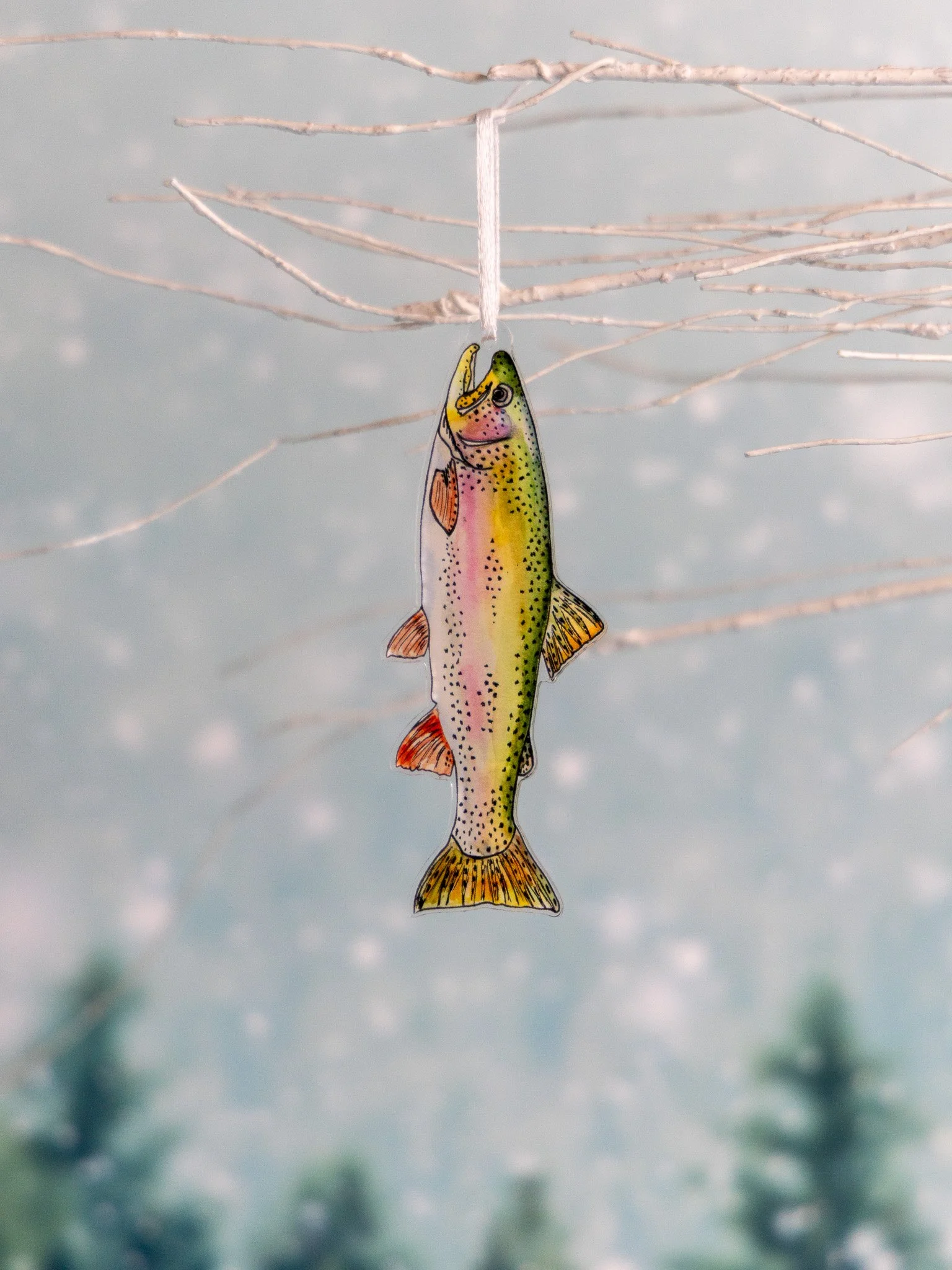Abigail Leigh Designs Rainbow Trout Ornament on branch.jpg