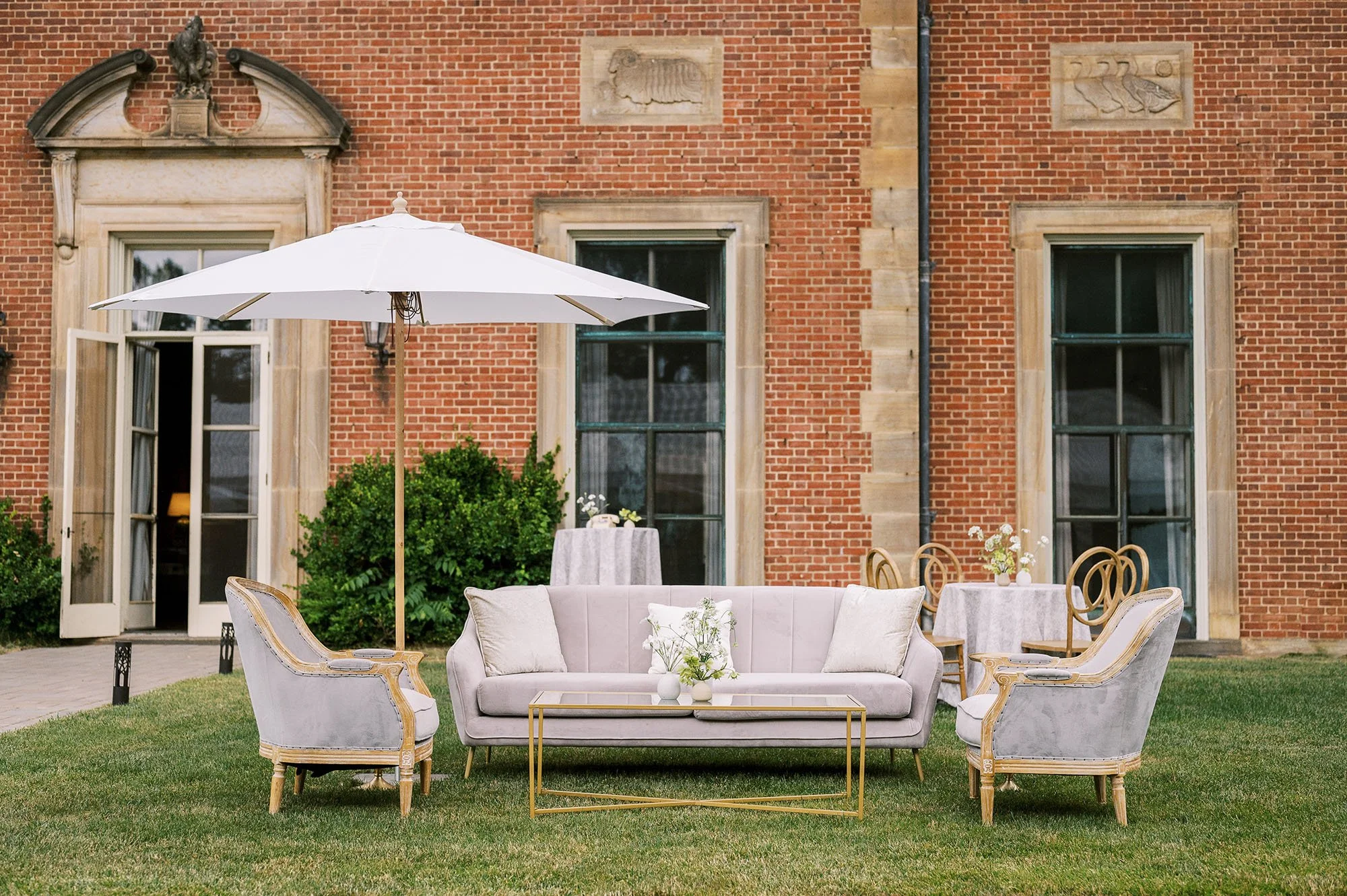  A beautiful lounge area designed for a cocktail hour at Peterloon Estate.  Photograph by:      Molly Ann Photo     , Florist:      The Budding Florist Cincy     , Furniture Rentals:      Lost & Found Rentals     