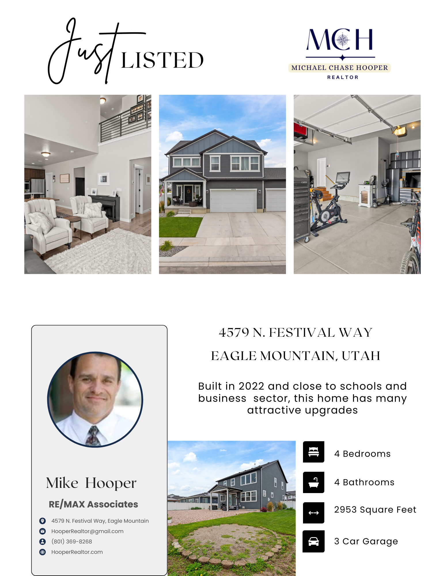 A real estate flyer with three images: a modern living room, a two-story house with a driveway, and an indoor garage. The flyer features the logo "Just Listed," the realtor's name Michael Chase Hooper, contact information, and property details including address, number of bedrooms and bathrooms, square footage, and garage size.