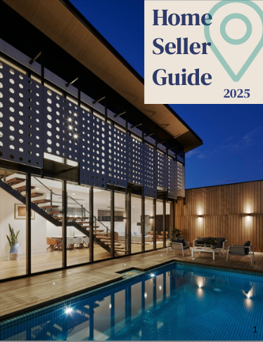 Cover of the 2025 Home Seller Guide featuring a modern house with large glass windows, an outdoor pool, and a wooden deck.