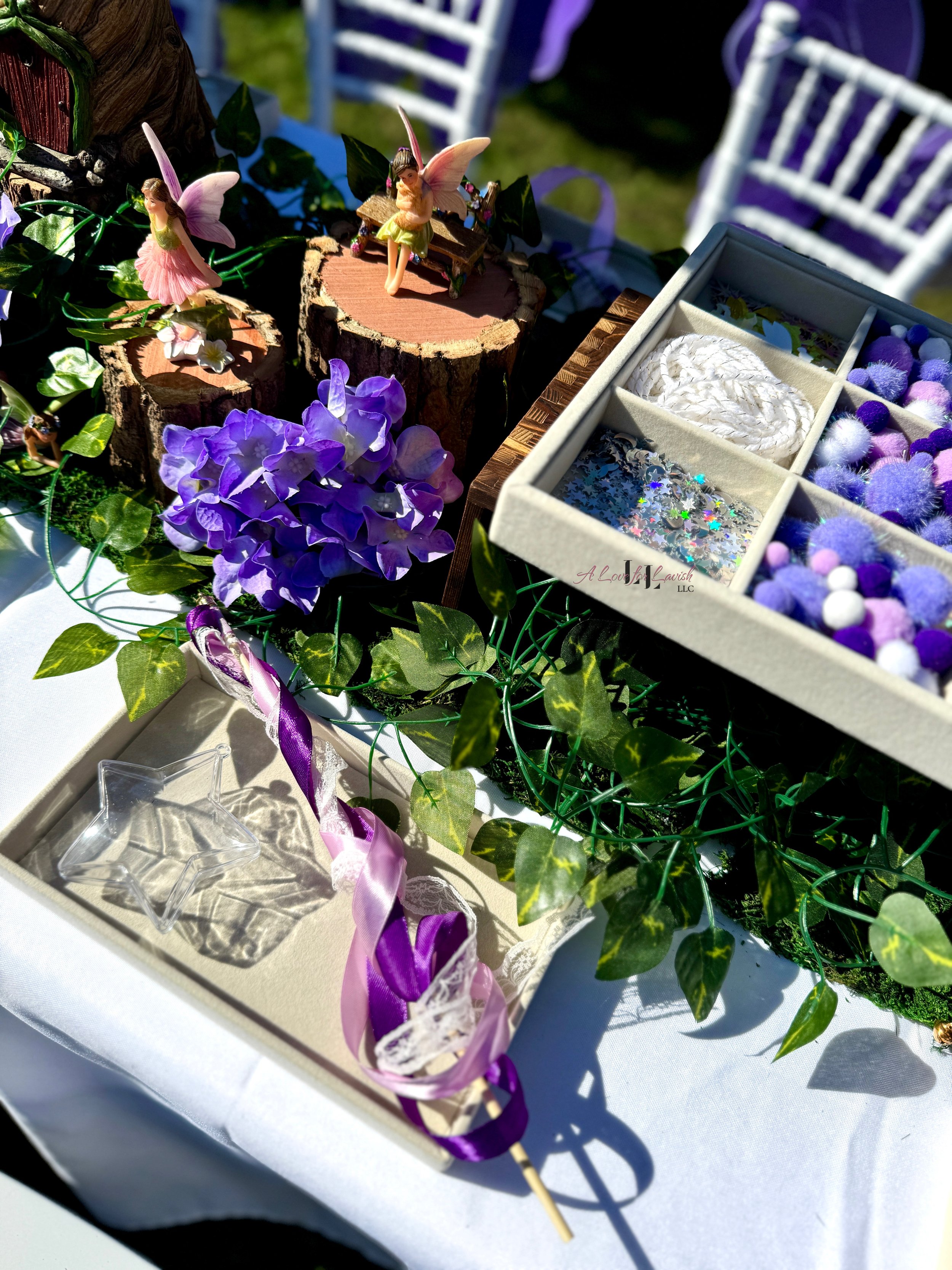 Fairy themed birthday party wands potions wand potion diy activity station kids party ideas activity tables table central valley bay area event planner stem science imagination creativity balloons balloon garland