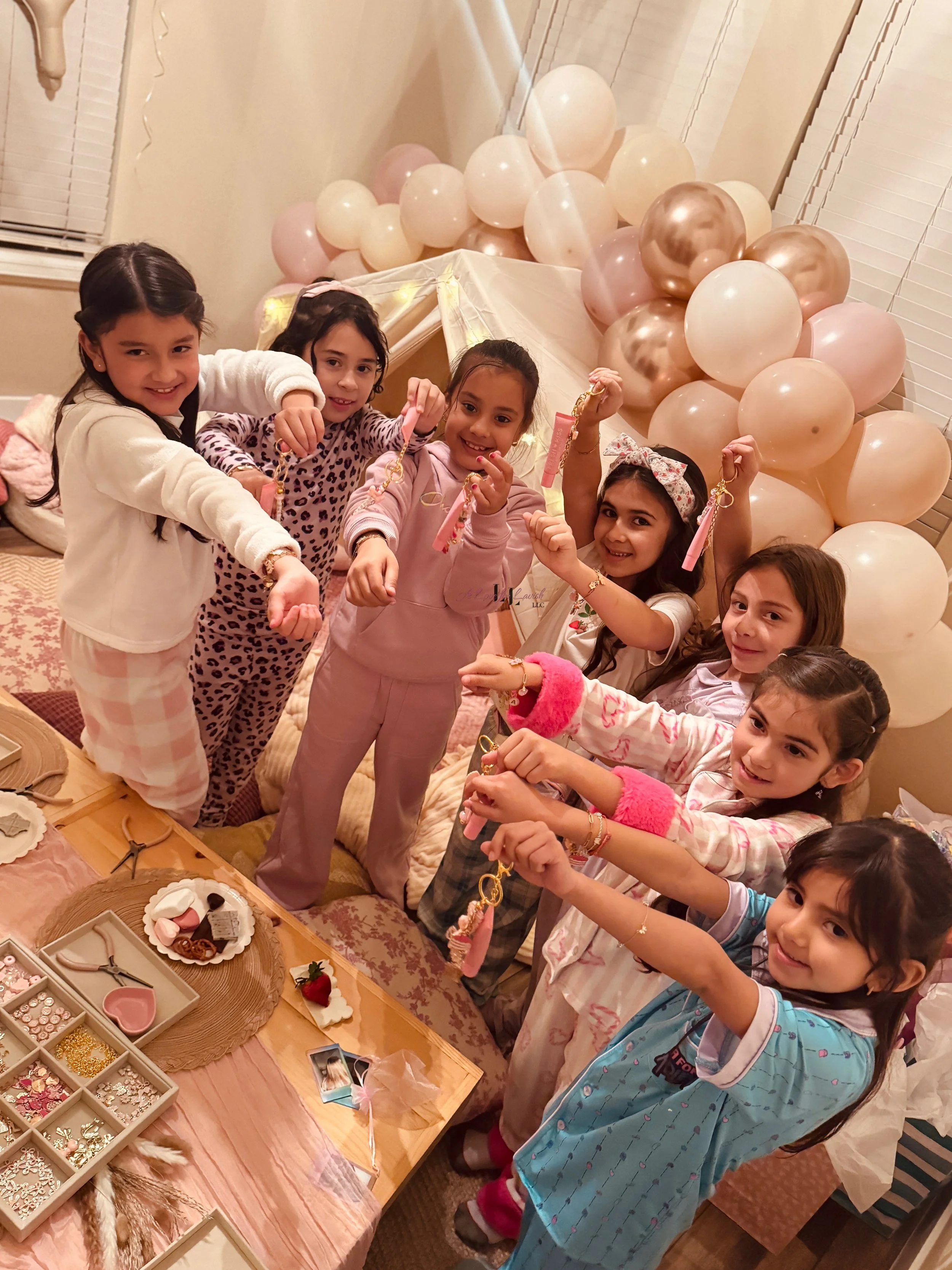 Kids craft activity table ideas birthday party girl girlhood charms lip gloss keychain keychains colourpop best friends preteen teen teens custom paper clip chain beads bay area central valley 