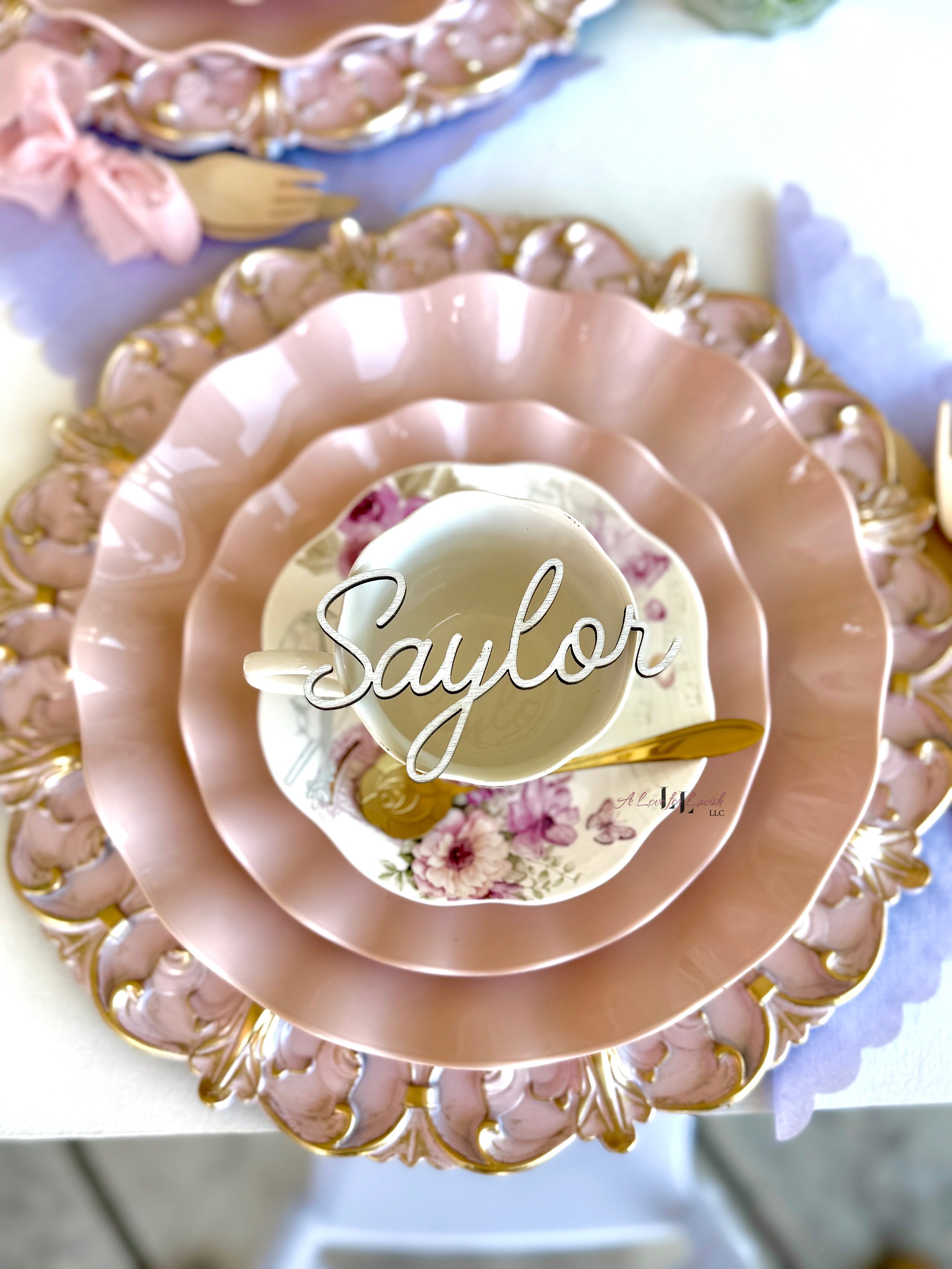 Tea party dollhouse teatime pastel backdrop balloons pink purple mint green tablescape custom place cards dolls doll party birthday event planner fancy setup garland floral bay area central valley book